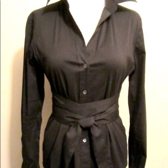 THEORY Black Button Front Tie Waist Blouse Shirt XS - Picture 5 of 9
